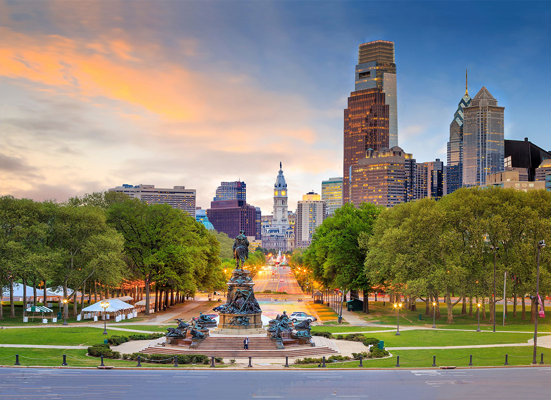 Contact - Beautiful Downtown Philadelphia Skyline at Sunset